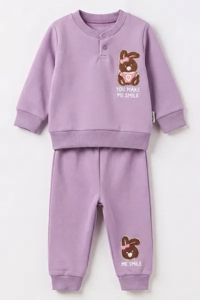 Lila (3-24 Ay) Süzene Tavşan Nakışlı Yaka Çıtlı 3 İp Şardonlu Kız Bebek Kışlık Takım 495555