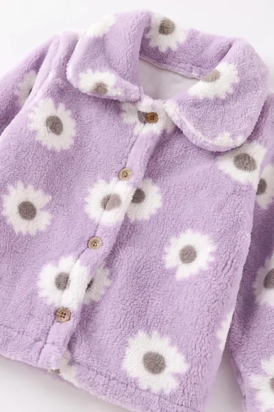 Lila (3-4 Yaş) Düğmeli Çiçek Desen Kız Çocuk Ceket Hırka 495692