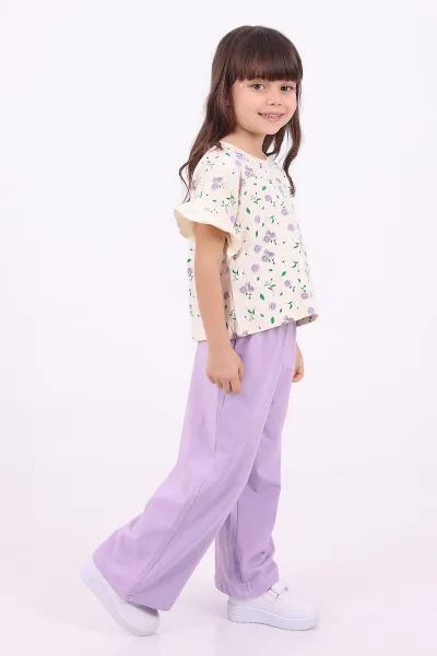 Lila (3-6 Yaş)Çiçek Baskılı Kol Fırfırlı  Kız Çocuk Yazlık Takım 347592