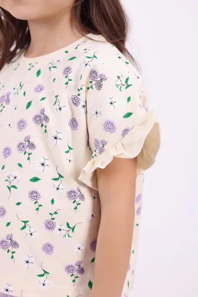 Lila (3-6 Yaş)Çiçek Baskılı Kol Fırfırlı  Kız Çocuk Yazlık Takım 347592
