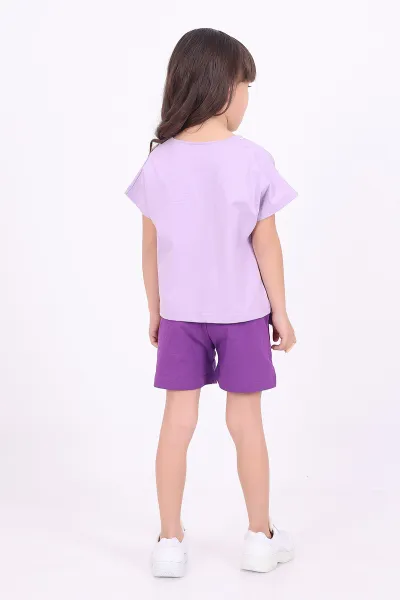 Lila (3-6 Yaş)İp Bağlamalı Çiçek Nakışlı Şortlu Kız Çocuk Yazlık Takım 347490