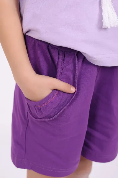 Lila (3-6 Yaş)İp Bağlamalı Çiçek Nakışlı Şortlu Kız Çocuk Yazlık Takım 347490