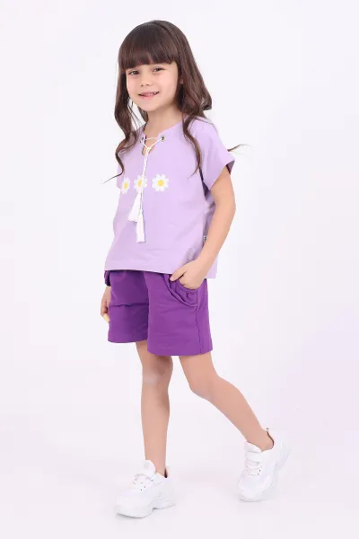 Lila (3-6 Yaş)İp Bağlamalı Çiçek Nakışlı Şortlu Kız Çocuk Yazlık Takım 347490
