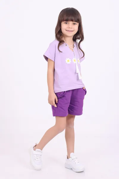 Lila (3-6 Yaş)İp Bağlamalı Çiçek Nakışlı Şortlu Kız Çocuk Yazlık Takım 347490