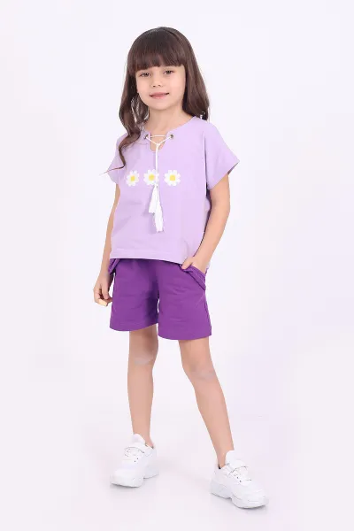 Lila (3-6 Yaş)İp Bağlamalı Çiçek Nakışlı Şortlu Kız Çocuk Yazlık Takım 347490
