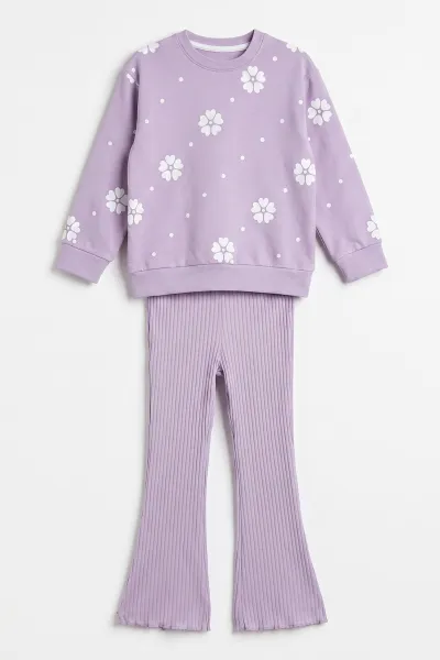 Lila (3-8 Yaş) Çiçek  Baskılı 2 İp Sweatli Fitilii Bol Paça  Taytlı Kız Çocuk Mevsimlik Takım 484945
