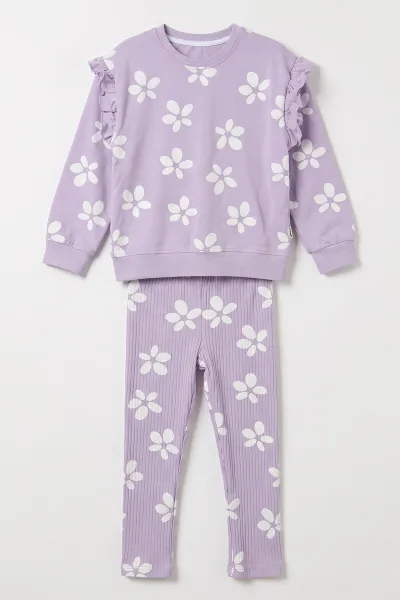 Lila (3-8 Yaş) Çiçek   Baskılı 2 İp Sweatli Fitilli Taytlı Kız Çocuk Mevsimlik Takım 490375