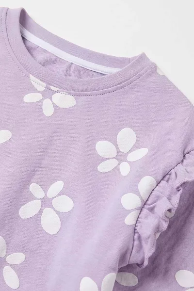Lila (3-8 Yaş) Çiçek   Baskılı 2 İp Sweatli Fitilli Taytlı Kız Çocuk Mevsimlik Takım 490375