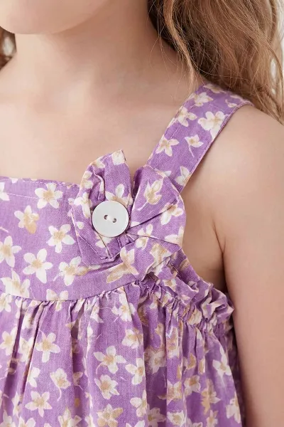 Lila (3-8 Yaş) Çiçek Desenli Askılı Fiyonklu Dokuma Kız Çocuk Elbise 454974