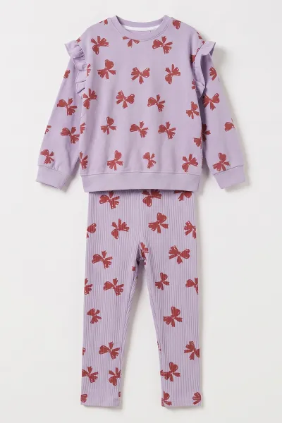 Lila (3-8 Yaş) Fiyonk  Baskılı 2 İp Sweatli Fitilli Taytlı Kız Çocuk Mevsimlik Takım 490372