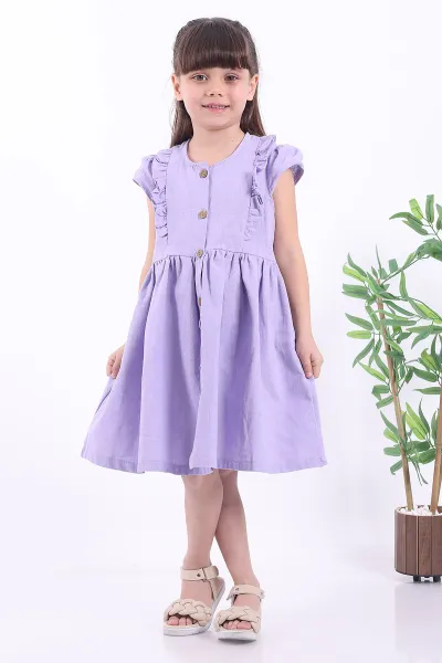 Lila (3-8 Yaş)Önden Fırfırlı Düğmeli Kız Çocuk Elbise 345127