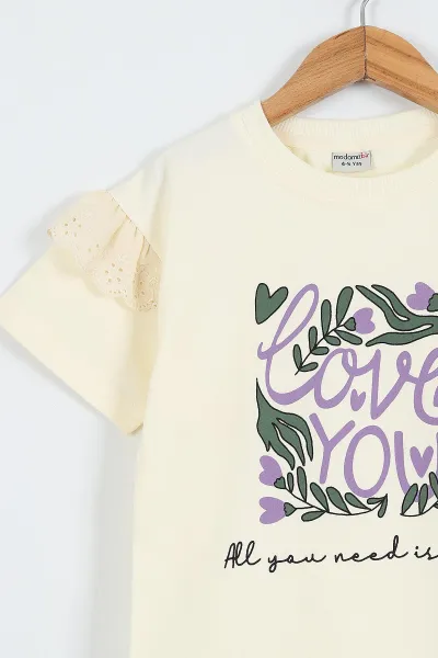 Lila (4-10 Yaş)Love Kalp Baskılı Bilek Üstü  Kapri   Taytlı Kız Çocuk Takım 357300