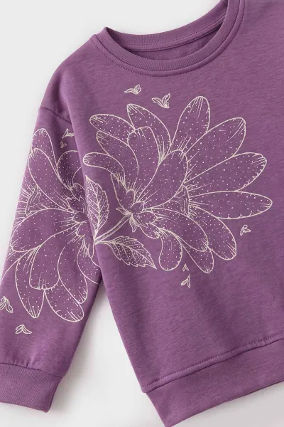 Lila (4-12 Yaş) Çiçek Baskılı İçi Şardonlu Kız Çocuk Sweatshirt 495885
