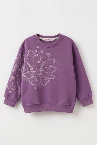 Lila (4-12 Yaş) Çiçek Baskılı İçi Şardonlu Kız Çocuk Sweatshirt 495885