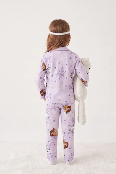 Lila (4-12 Yaş) Desenli   Uzun Kol  Ön Düğmeli Göz Bandı Detaylı Kız Çocuk Pijama Takım 473651