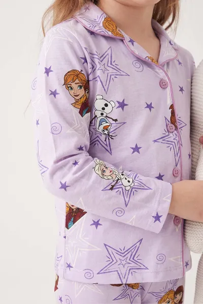 Lila (4-12 Yaş) Desenli   Uzun Kol  Ön Düğmeli Göz Bandı Detaylı Kız Çocuk Pijama Takım 473651
