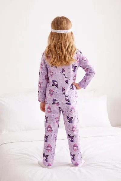 Lila (4-12 Yaş) Desenli   Uzun Kol  Ön Düğmeli Göz Bandı Detaylı Kız Çocuk Pijama Takım 473659