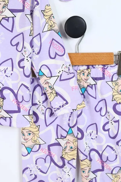 Lila (4-12 Yaş) Kalp Baskılı Ön Düğmeli Göz Bandı Detaylı Kız Çocuk Pijama Takım 337917
