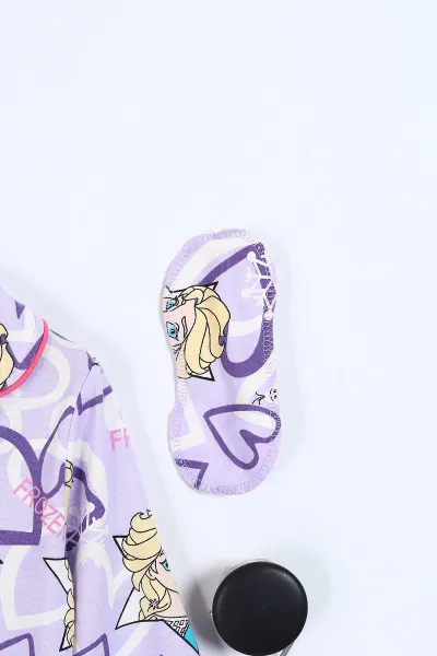 Lila (4-12 Yaş) Kalp Baskılı Ön Düğmeli Göz Bandı Detaylı Kız Çocuk Pijama Takım 337917