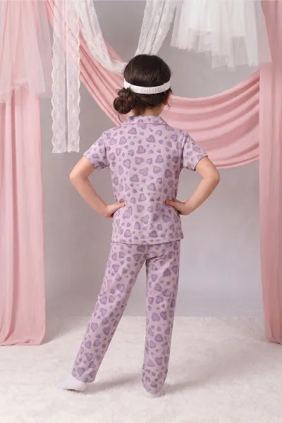 Lila (4-12 Yaş) Kalp Desenli Kıl Biyeli Göz Bandı Detaylı Kız Çocuk Pijama Takım 460896