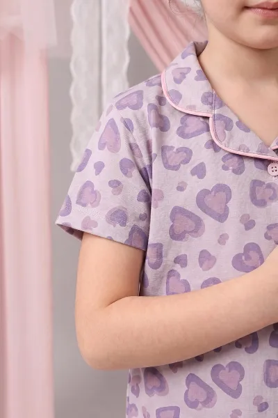 Lila (4-12 Yaş) Kalp Desenli Kıl Biyeli Göz Bandı Detaylı Kız Çocuk Pijama Takım 460896