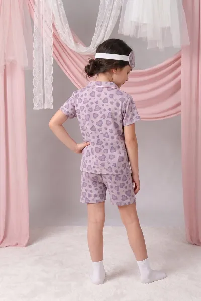 Lila (4-12 Yaş) Kalp Desenli Kıl Biyeli Göz Bandı Detaylı Şortlu Kız Çocuk Pijama Takım 460887