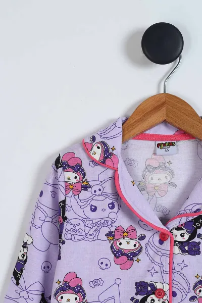 Lila (4-12 Yaş) Karakter Baskılı Ön Düğmeli Göz Bandı Detaylı Kız Çocuk Pijama Takım 340506