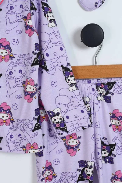 Lila (4-12 Yaş) Karakter Baskılı Ön Düğmeli Göz Bandı Detaylı Kız Çocuk Pijama Takım 340506