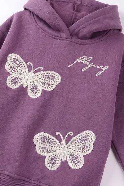 Lila (4-12 Yaş) Kelebek Süzene Nakışlı İçi Şardonlu Kız Çocuk Sweatshirt 495876