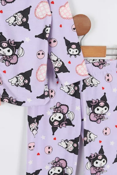 Lila (4-12 Yaş)Kalp  Baskılı Ön Düğmeli Göz Bandı Detaylı Kız Çocuk Pijama Takım 337928