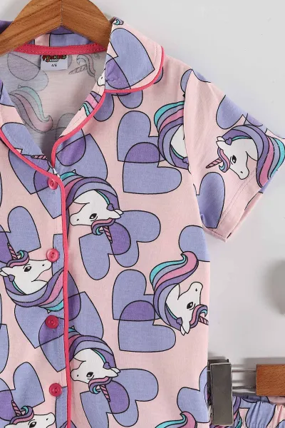 Lila (4-12 Yaş)Karakter  Baskılı Kısa Kol Ön Düğmeli Göz Bandı Detaylı Kız Çocuk Pijama Takım 453236