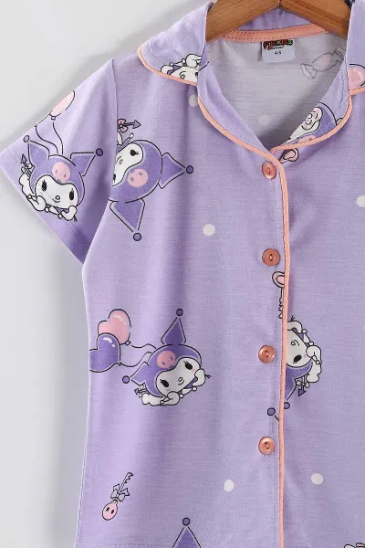Lila (4-12 Yaş)Karakter  Baskılı Kısa Kol Ön Düğmeli Göz Bandı Detaylı Kız Çocuk Pijama Takım 453244