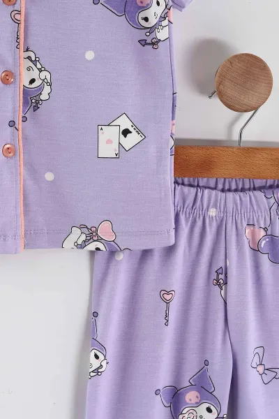 Lila (4-12 Yaş)Karakter  Baskılı Kısa Kol Ön Düğmeli Göz Bandı Detaylı Kız Çocuk Pijama Takım 453244