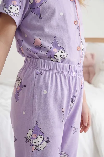 Lila (4-12 Yaş)Karakter  Baskılı Kısa Kol Ön Düğmeli Göz Bandı Detaylı Kız Çocuk Pijama Takım 453244