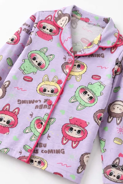 Lila (4-12 Yaş)Karakter Desenli   Uzun Kol  Ön Düğmeli  Kız Çocuk Pijama Takım 500677