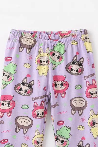 Lila (4-12 Yaş)Karakter Desenli   Uzun Kol  Ön Düğmeli  Kız Çocuk Pijama Takım 500677