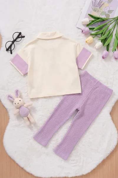 Lila (5-12 Yaş) Gömlek Yaka Yarım Düğmeli Çizgili  Alt Fitilli Bilek Üstü Kapri Taytlı Kız Çocuk Yazlık Takım 469909