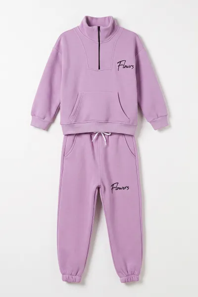 Lila (5-12 Yaş) Yarım Fermuarlı Kanguru Cepli 3 İp Şardonlu Kız Çocuk Kışlık Takım 481341