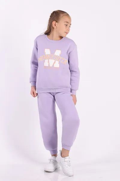 Lila (5-12 Yaş)Ön Kabartma Baskılı Üç İp Şardonlu Kız Çocuk Kışlık Takım 325592