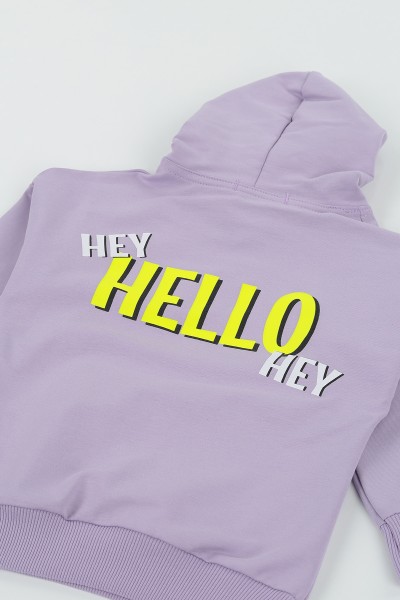 Lila (5-8 Yaş) Hello Baskılı Kapüşonlu Kız Çocuk Mevsimlik İkili Takım 133792