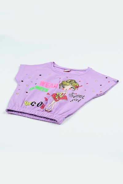 Lila (5-8 yaş) Pul İşlemeli Bel Lastikli Kız Çocuk Tişört 105293