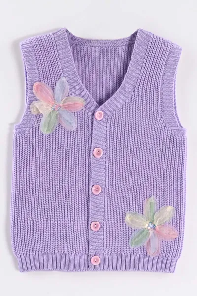 Lila (5-8 Yaş) Pullu Çiçek Motifli Triko Selanik Kız Çocuk Yelek 474274