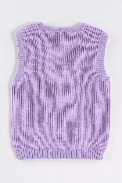 Lila (5-8 Yaş) Pullu Çiçek Motifli Triko Selanik Kız Çocuk Yelek 474274