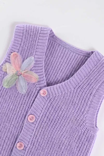 Lila (5-8 Yaş) Pullu Çiçek Motifli Triko Selanik Kız Çocuk Yelek 474274