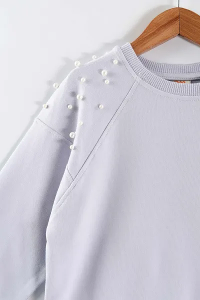 Lila (5-8 Yaş)Omuzları İncili Kız Çocuk Sweatshirt 432895