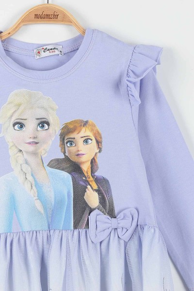 Lila (5-8Yaş) Elsa Baskılı Uzun Kollu Kız Çocuk Elbise 174917