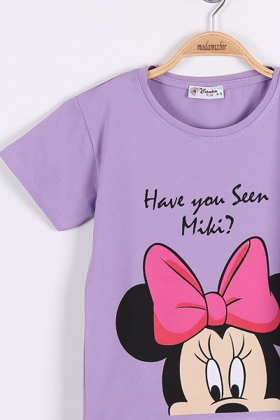 Lila (5-8yaş) Ön ve Arka Mini Mouse Baskılı Kız Çocuk Tişört 174898