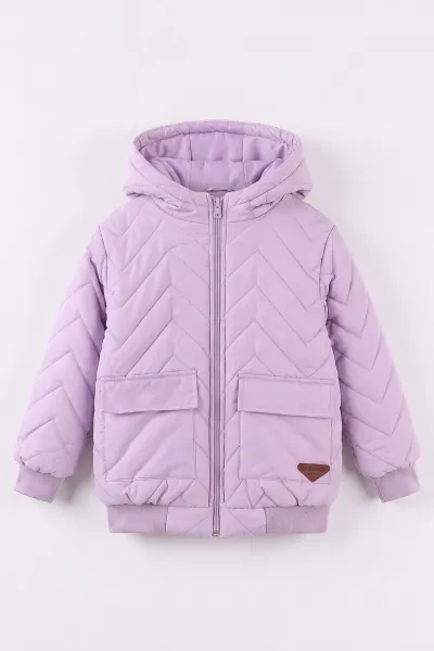 Lila (5-9 Yaş) Çavuş Desenli Kapüşonlu Kız Çocuk Mont 494216