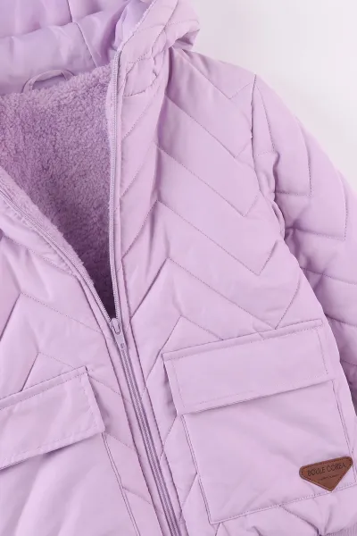 Lila (5-9 Yaş) Çavuş Desenli Kapüşonlu Kız Çocuk Mont 494216