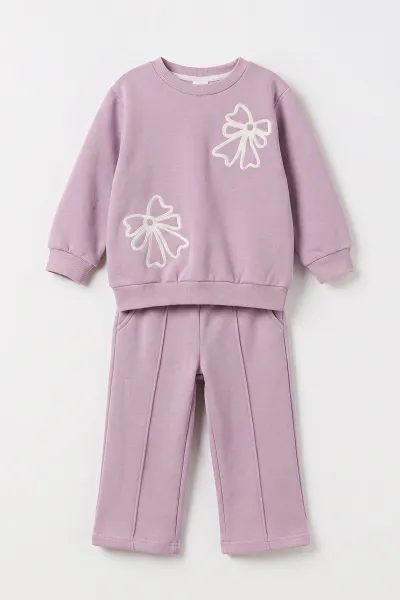 Lila (5-9 Yaş) Fiyonk Nakışlı 3 İp Şardonlu Kız Çocuk Kışlık Takım 499620